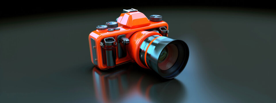 Orange professional digital camera on black background