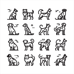 Dog Icons: Silhouettes of Energetic Retrievers, Curious Terriers, and Snuggly Pooches - Minimallest black vector set of icons of dog
