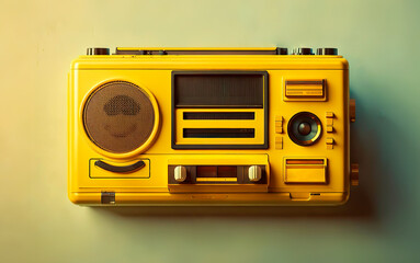 Obraz premium Yellow retro cassette recorder in a room with 80s interior. Vintage photo in old style