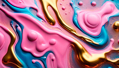 smoothly melting oil art paints, pink, blue, yellow, gold sparcles, smooth lines, pastel colors,...