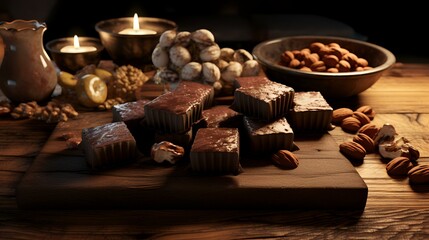 Pieces of chocolate, nuts and candles on a wooden background.