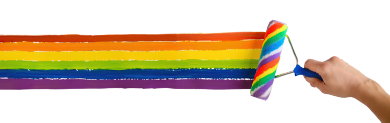 Hand draws with rainbow paint using a roller brush - on transparent background