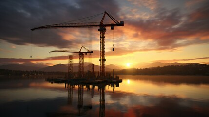 Silhouette of Construction Crane Against Sunset Sky. Construction, Urban Development, Industrial Growth