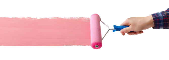 Hand draws with pink paint using a roller brush - on transparent background