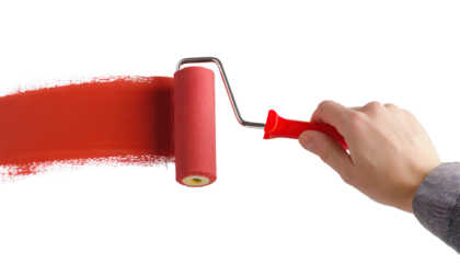 Hand draws with red paint using a roller brush - on transparent background