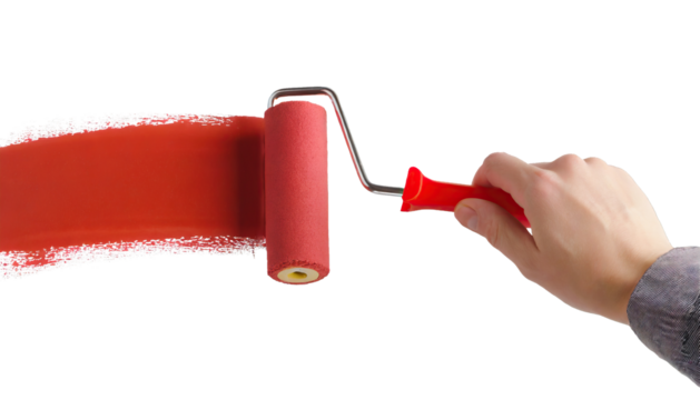 Hand draws with red paint using a roller brush - on transparent background