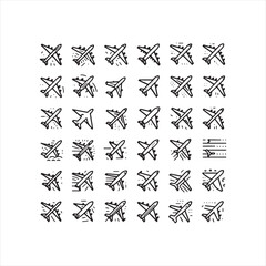 Set of Airplane Icons: From Vintage Biplanes to Modern Jets, a Varied Collection for Sky-High Creativity - Minimallest black vector set of Flying plane icons
