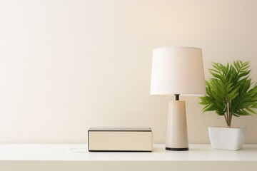 Table lamp, books, plant in a bright interior against a white wall.