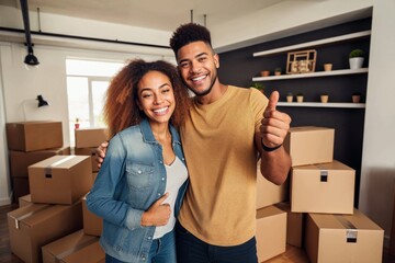Happy african couple celebrating their new home, a milestone as first-time home buyers surrounded by moving boxes