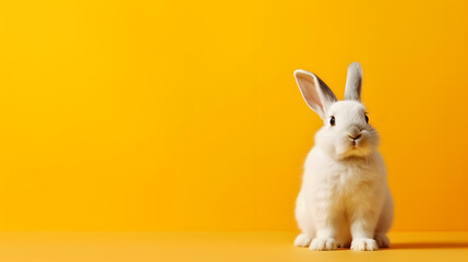 White Rabbit against yellow Background. Easter concept with copy space