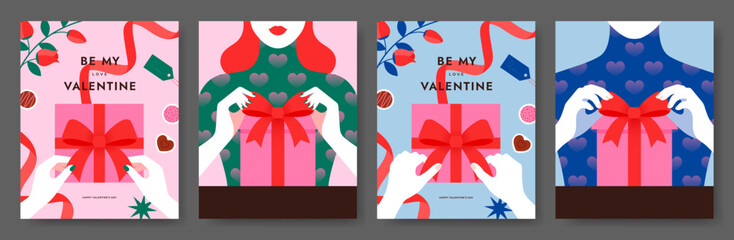 Valentine's Day background. Valentine present concept banner first person top view. Hands unpacking box, Decorative red bow. Social media, Poster. Gift giving. Modern style. Flat vector illustration. - 696049670