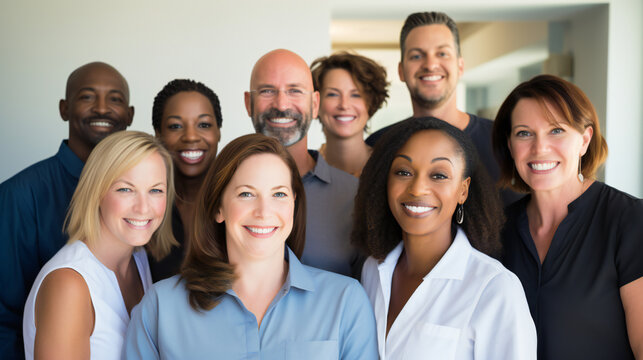 **"Radiant stock photo capturing a united work team looking directly at the camera with genuine smiles. Bathed in bright, natural light, the image exudes positivity and teamwork. Generative Ai.