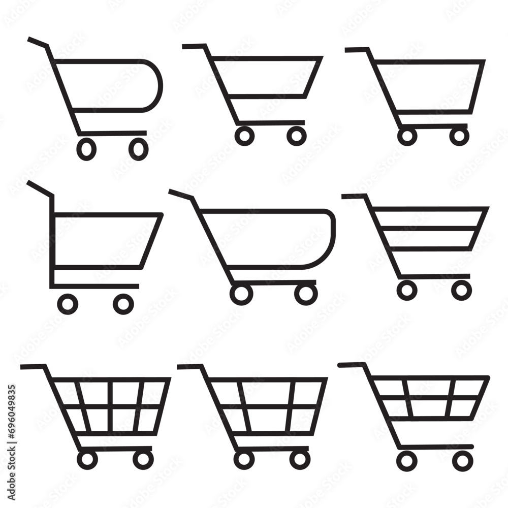 Poster set of 9 simple line set. shopping cart outline icons set for web and uiux design. vector objects is