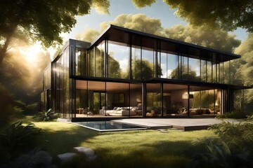 A modern house with floor-to-ceiling windows, bathed in warm sunlight, set against a backdrop of lush greenery.