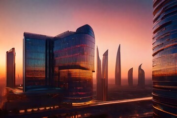A futuristic hotel with a sleek glass facade, reflecting the iconic Dubai skyline, bathed in the warm glow of the setting sun.