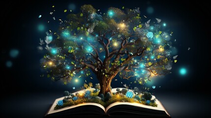 Conceptual image with books and a glowing light. Suitable for themes related to knowledge, literature, and imagination