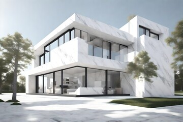 3d rendering of a house with a light facade. House in white marble. Modern architecture