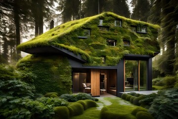 An eco-friendly property featuring a living green roof and walls adorned with ivy, surrounded by tall trees