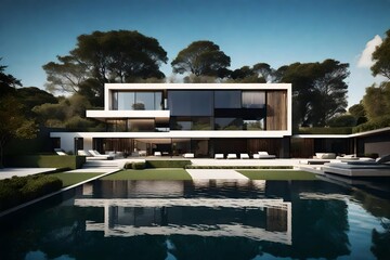 A contemporary house with a sleek exterior, surrounded by water features and perfectly landscaped gardens, creating a tranquil and luxurious ambiance.