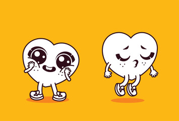 Vector illustration with two emotional hearts. The characters are bright in the style of old animation. Characters isolated on yellow background.