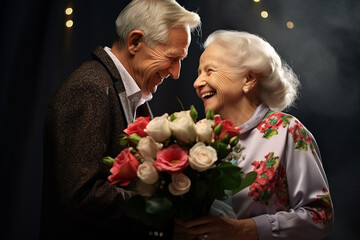 An elderly man gives a bouquet of roses to a smiling elderly woman on the dark background