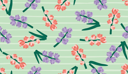 Floral seamless pattern with hyacinth flower on white stripes background.Pink,lilac, pastel green colors.Print on fabric and paper,wallpaper,cover,card.Suitable for florist shops.Vector illustration.