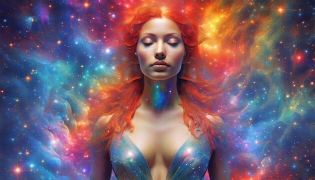 mulher cósmica deusa no espaço, nebulosa, fogo