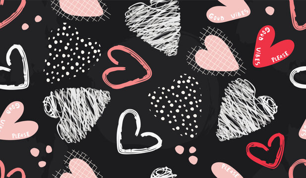 Hand drawn seamless pattern with hearts white and pink colors on black background.Abstract shapes with brush effect textures.Hand lettering,rough lines,free hand dots.Vector print on fabric and paper.