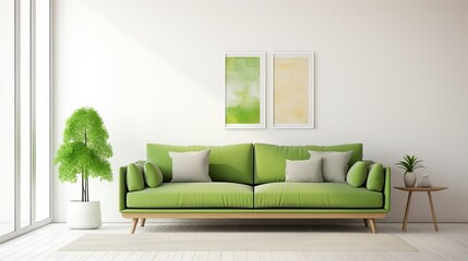 The white living room has a green sofa and plenty of free space