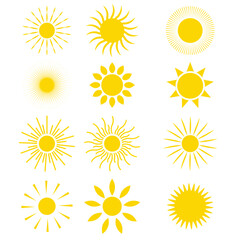 set of 12 Yellow sun icon, sunshine and solar glow, sunrise or sunset. Decorative circle full sun and sunlight, Summer, sunlight, nature, sky. Vector illustration isolated on white background. 