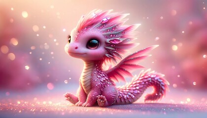 Cute pink little dragon. Cartoon character dragon. Fantasy Funny baby monster with big eyes. Fairy-tale hero. Children book. Illustration of tales. Toy design. Print. Shine. Copy space. Isolated. Ai