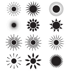set of 12 Simple sun icon. Shine sun ray set. Sun icon set. Black sun star icons collection. Summer, sunlight, nature, sky. Vector illustration isolated on white background.