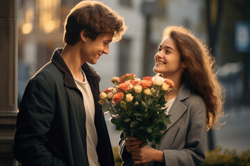 Fototapeta premium A man in love gives a bouquet of roses to a smiling girl with city sunset as a background