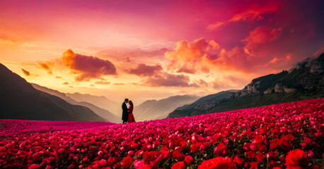 Man and woman standing in field of flowers with sunset in the background.