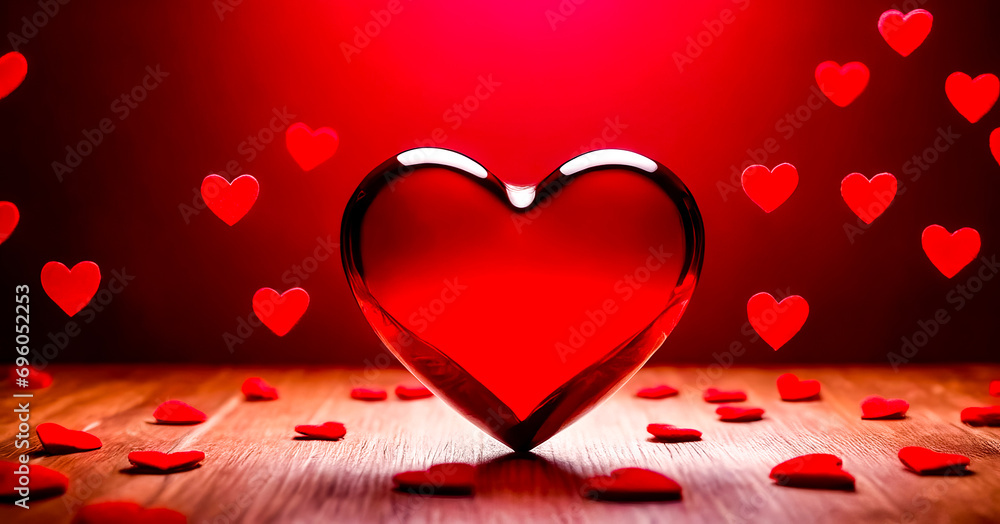 Poster heart shaped glass object sitting on table with red hearts around it.