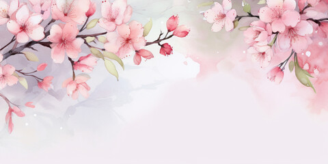 a sprig of cherry blossoms on a light background with a place for text, a spring banner,a watercolor drawing, a design concept for spring marketing materials