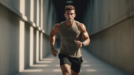 Slow motion effect of handsome muscular sportsman jogging in urban area against concrete wall background with empty copy space. Runner keeping fit and reaching goals for training strength and energy