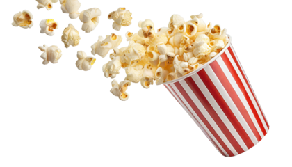 Popcorn flying out of red-white striped paper cup