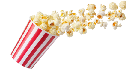  Popcorn flying out of red-white striped paper cup