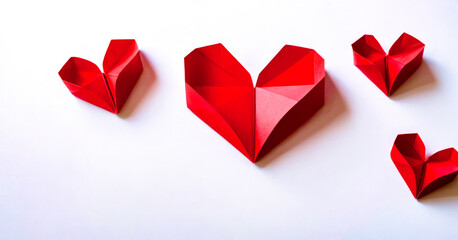 Red heart and red origami heart on white background.