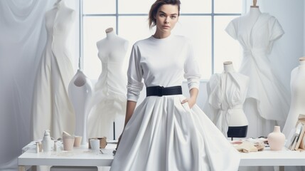 Wedding Dress Designer Adjusting Bridal Gown. Modern female fashion designer in white dress in white design studio. - obrazy, fototapety, plakaty
