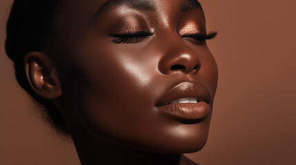 A beauty close-up shot as skincare campaign, in a studio with a beautiful black female woman with healthy shining skin

