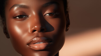 A beauty close-up shot as skincare campaign, in a studio with a beautiful black female woman with healthy shining skin

