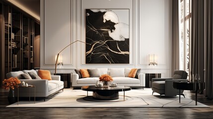 An illustration of a living room interior with luxury and modern art deco elements.