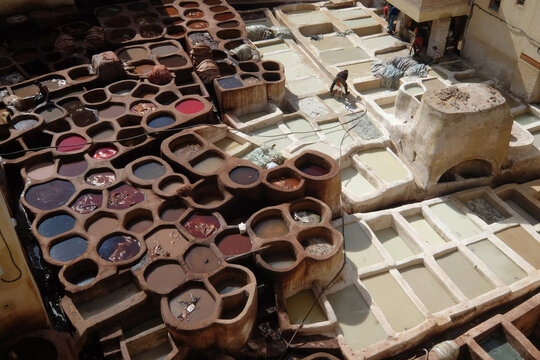 Old tank of Fes tanneries Morocco Africa leather dying in a traditional tannery