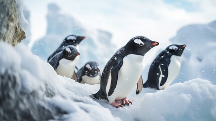 Obraz premium During a snowstorm, a large number of penguins are on a snowy summit.