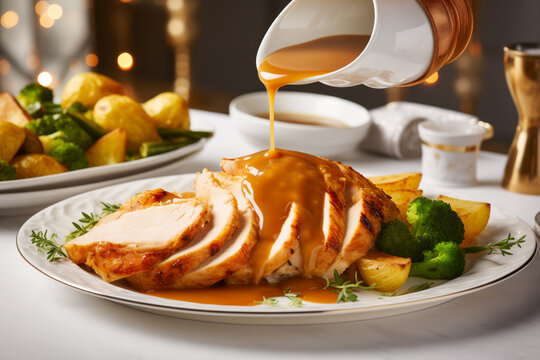 Pouring brown gravy on turkey slices with plate of roasted potato, broccoli and green beans on background. Festive atmosphere. Horizontal, close-up, side view.