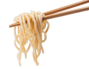 Wooden chopsticks with tasty noodles - isolated on transparent background