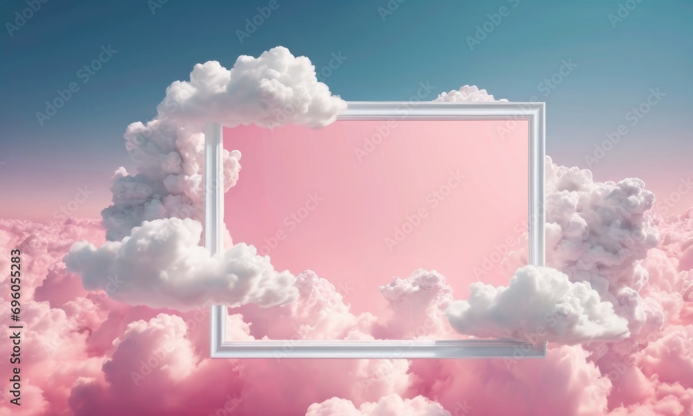 Poster natural frame made of fluffy white clouds on pink neon sky background. flat lay, copy space. free sp