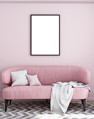 Pink living room mockup, A4 frame mockup, Black frame mockup